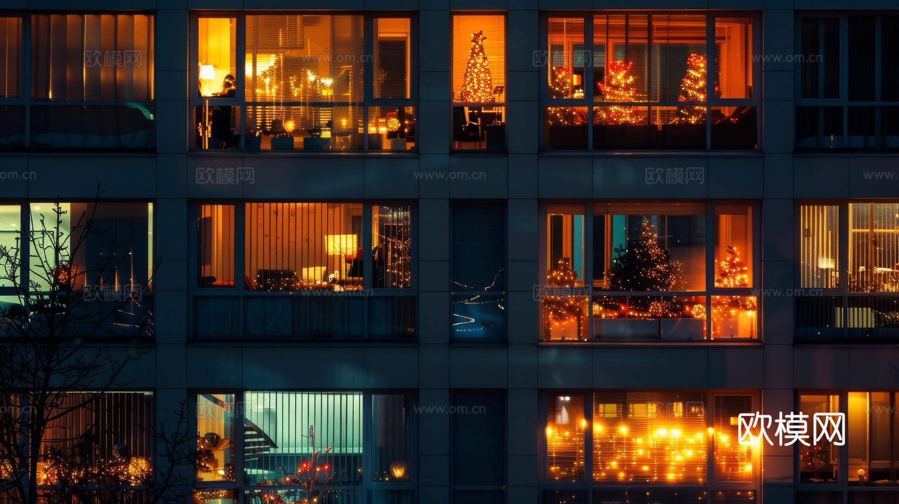 夜晚窗景建筑外立面玻璃幕墙