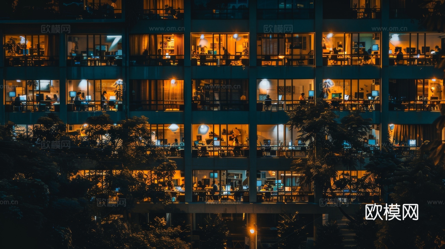 夜晚窗景建筑外立面玻璃幕墙