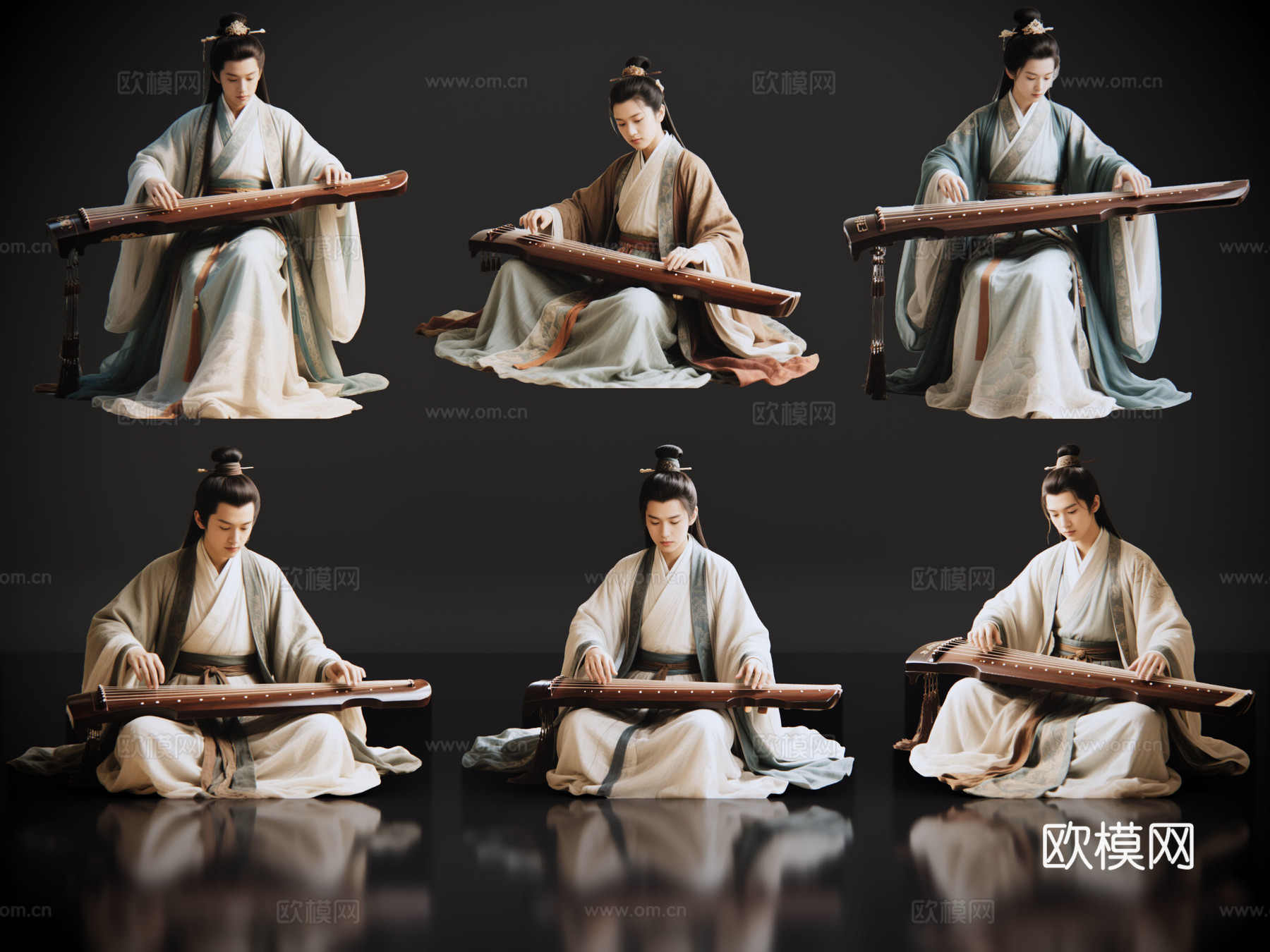 2D古装男子 宫廷乐师 古装乐师 古装抚琴 影视剧角色su模型