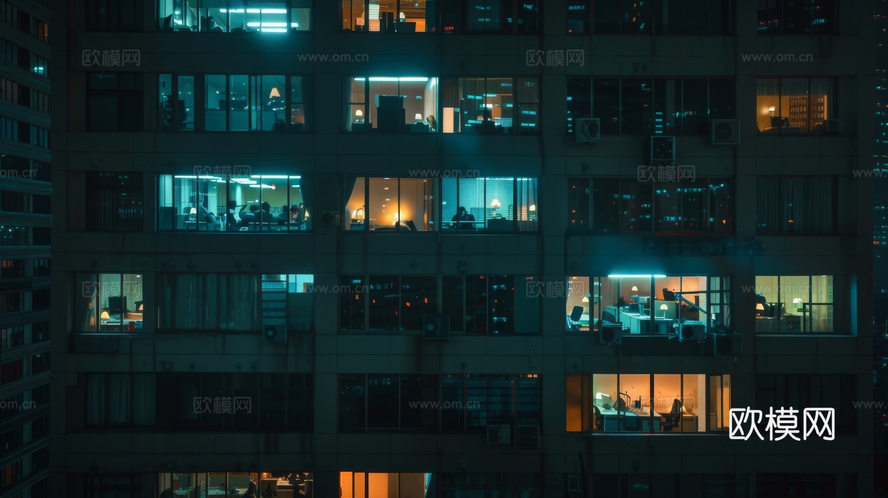 夜晚窗景建筑外立面玻璃幕墙