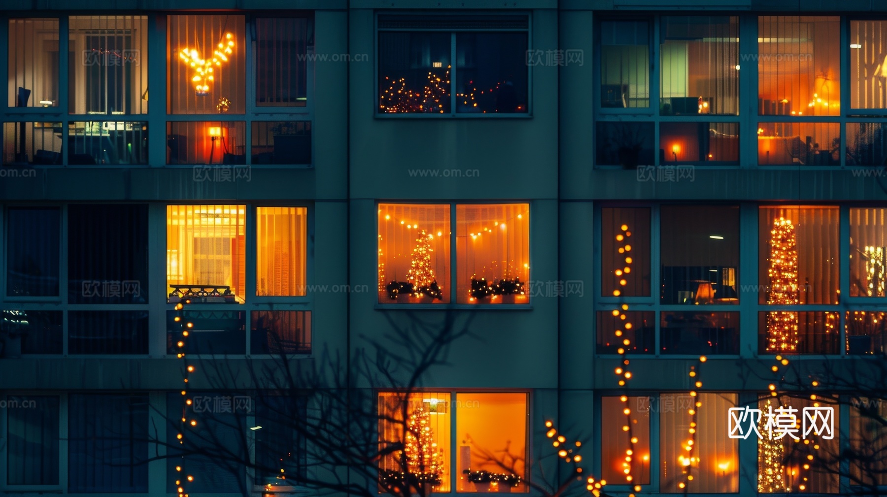 夜晚窗景建筑外立面玻璃幕墙
