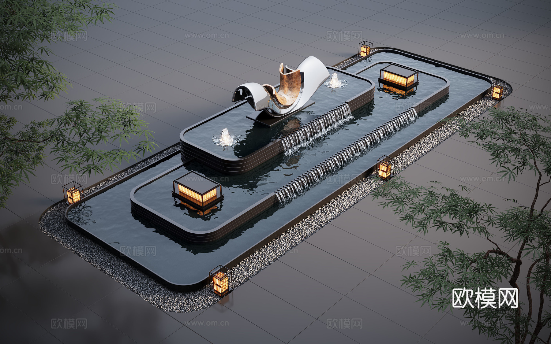 现代水景观 庭院水景 水钵叠水 跌水3d模型