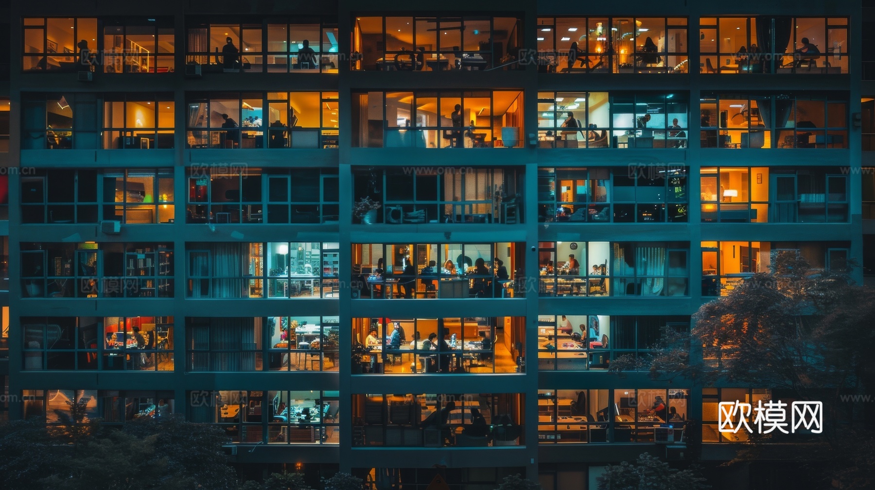 夜晚窗景建筑外立面玻璃幕墙