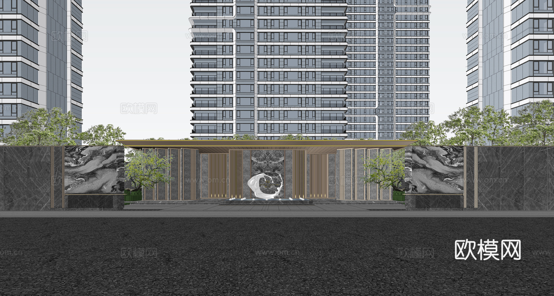 高端住宅小区大门 居住区景观  轻奢小区景观建筑su模型