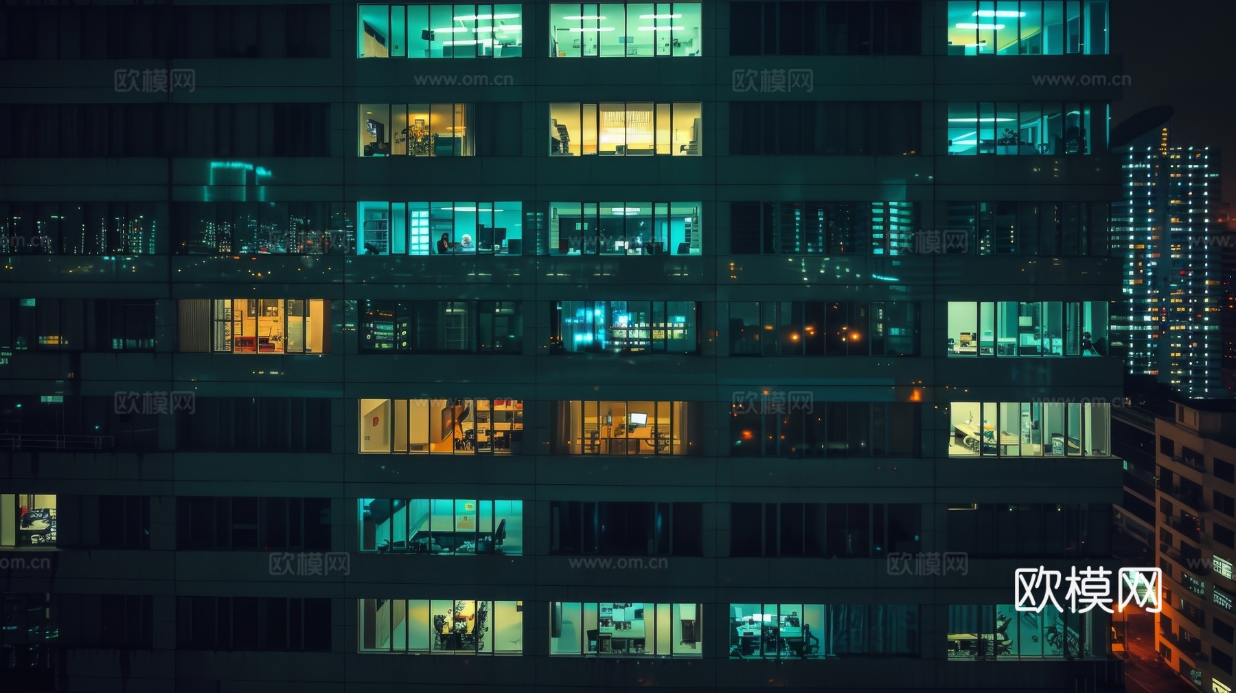 夜晚窗景建筑外立面玻璃幕墙