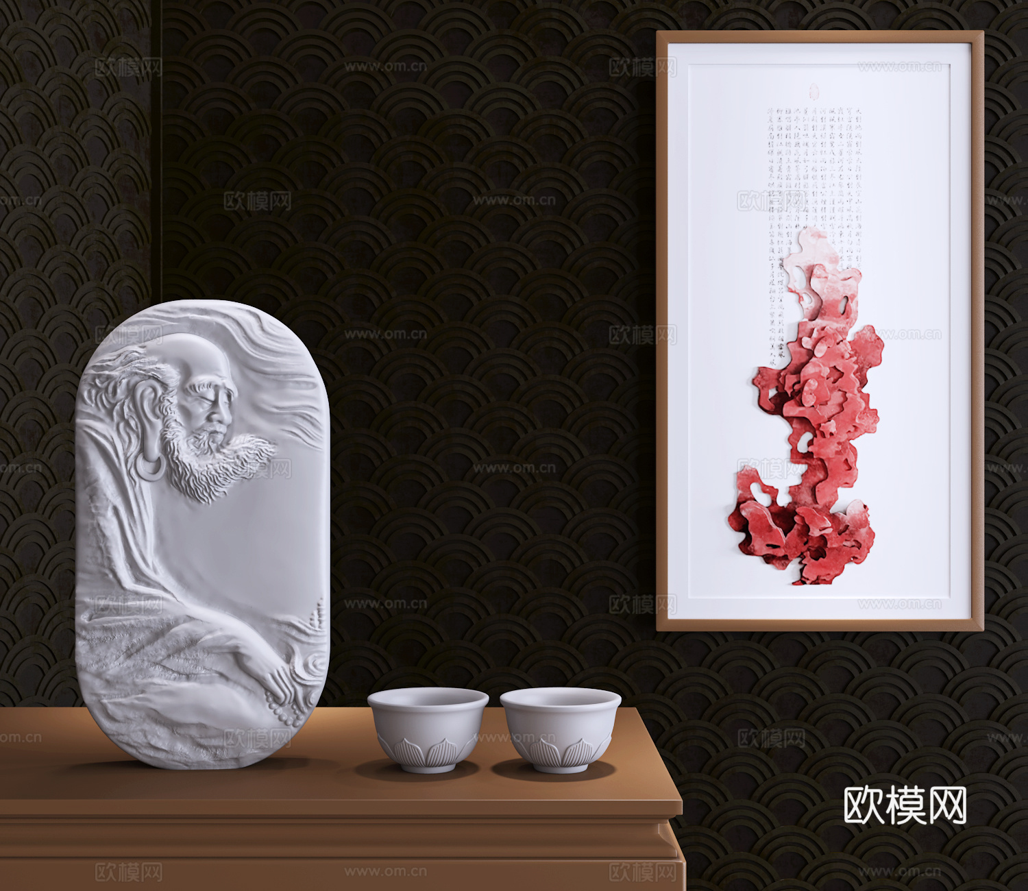 现代新中式达摩浮雕雕塑装饰摆件3d模型