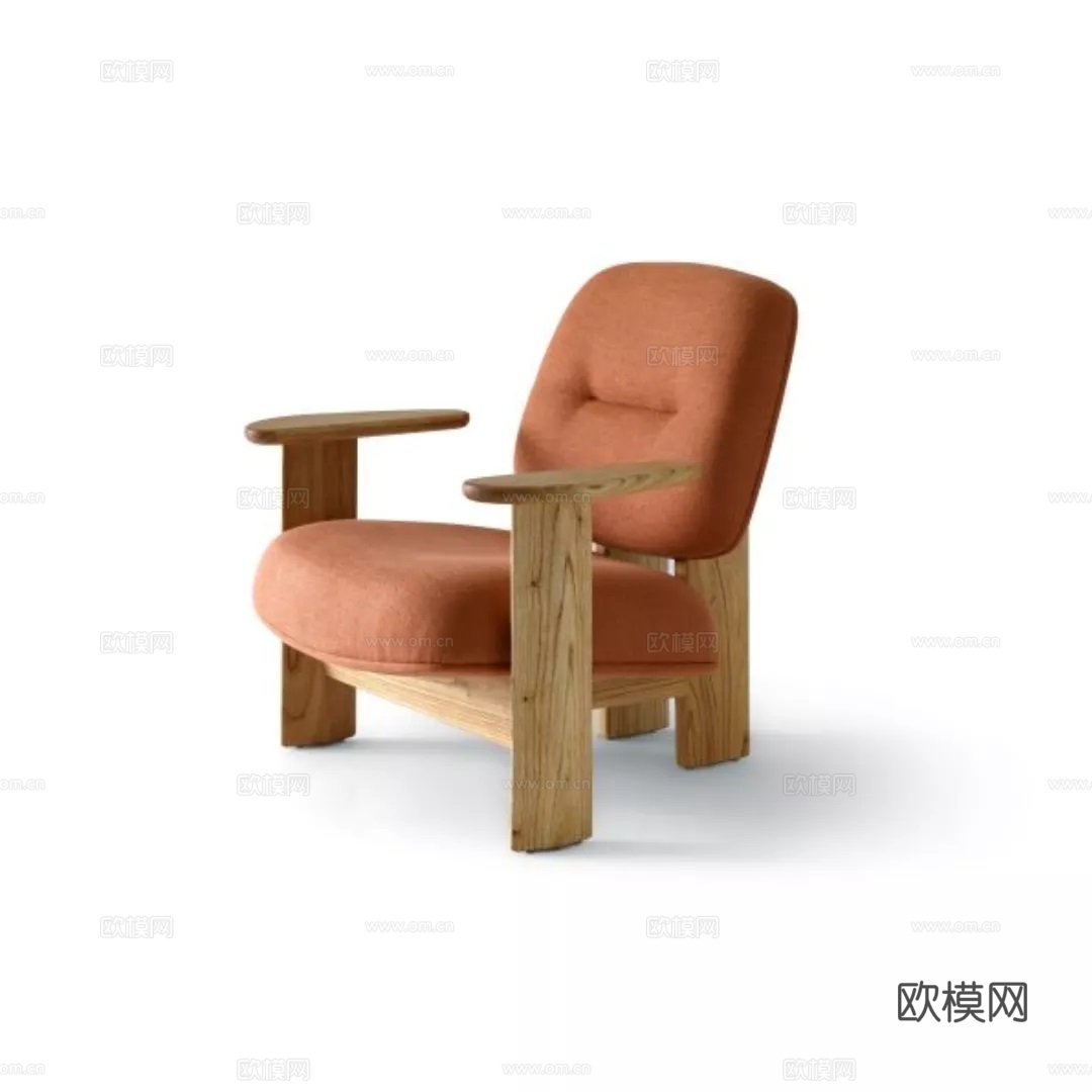中古侘寂风实木布艺沙发椅小户型酒店民宿接待单人休闲椅su模型