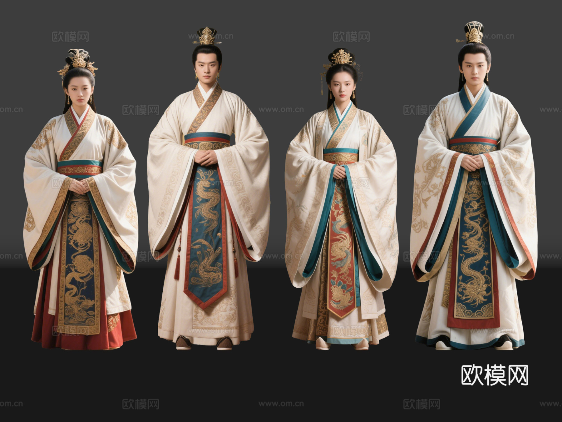 2D古装人物 钦天监 古装男子 宫廷美女 华丽服饰 影视角色su模型
