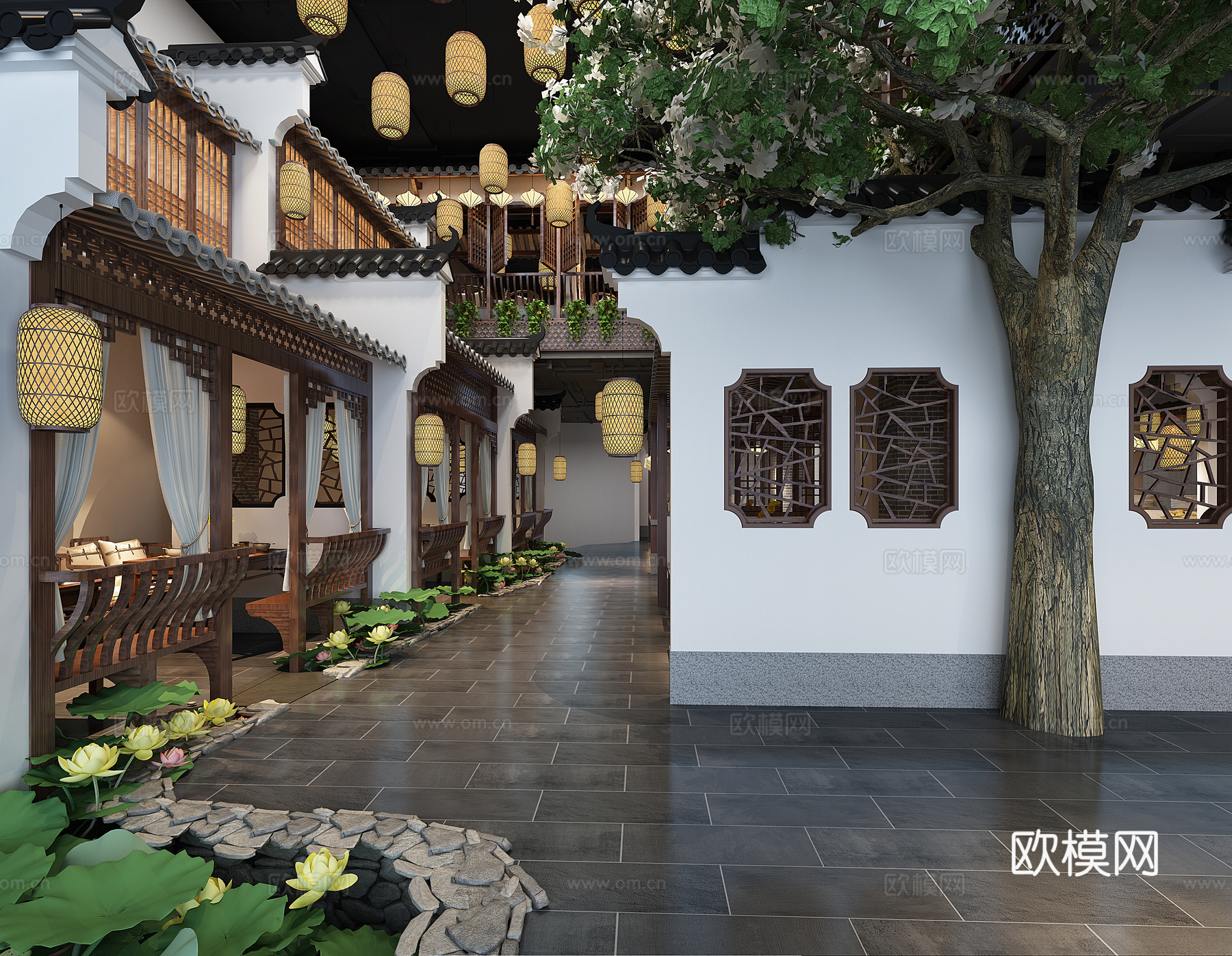 徽派元素中式餐厅包厢 吊灯 餐桌椅3d模型