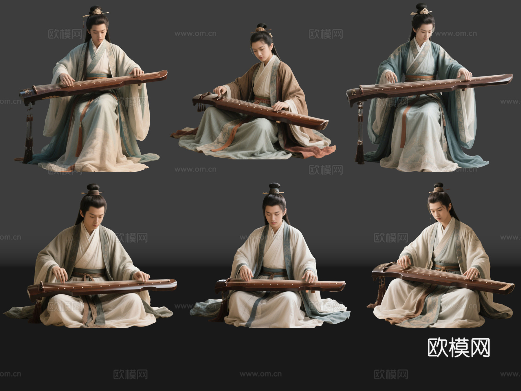 2D古装男子 宫廷乐师 古装乐师 古装抚琴 影视剧角色su模型