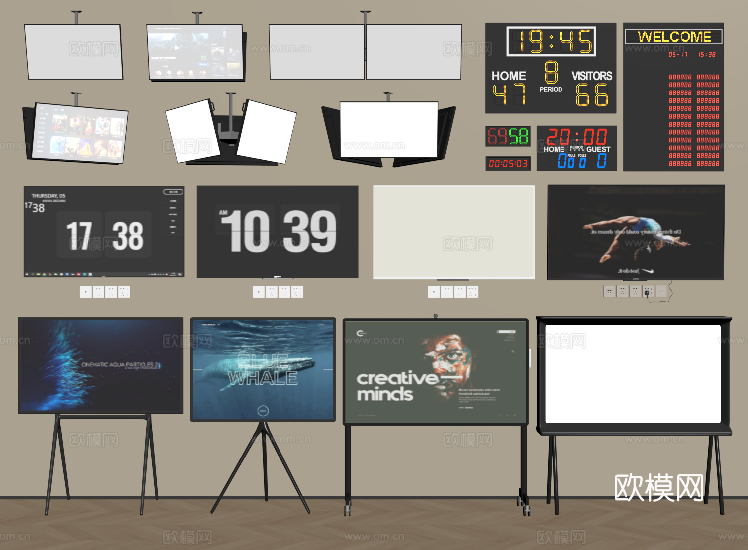 现代液晶电视 支架电视 移动电视 挂壁电视 落地电视su模型下载（渲染图2）