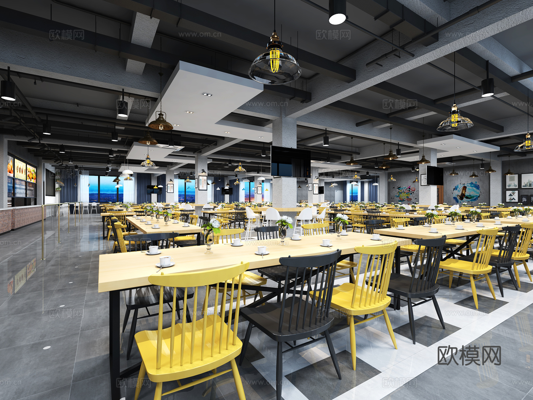 工业风食堂 餐桌椅 吊灯3d模型