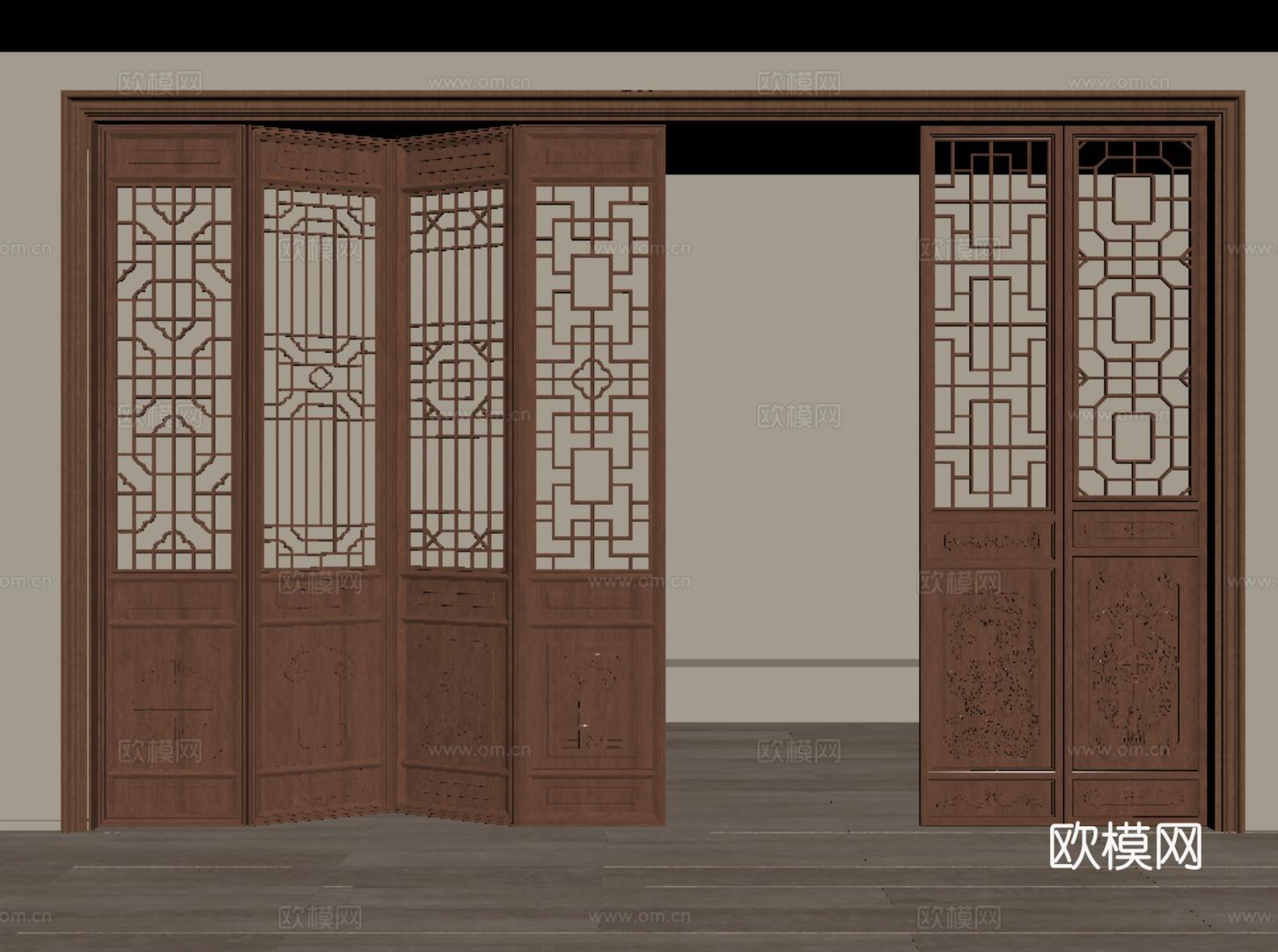 中式镂空折叠门 单开门 隔断屏风 雕花木门 古建门su模型