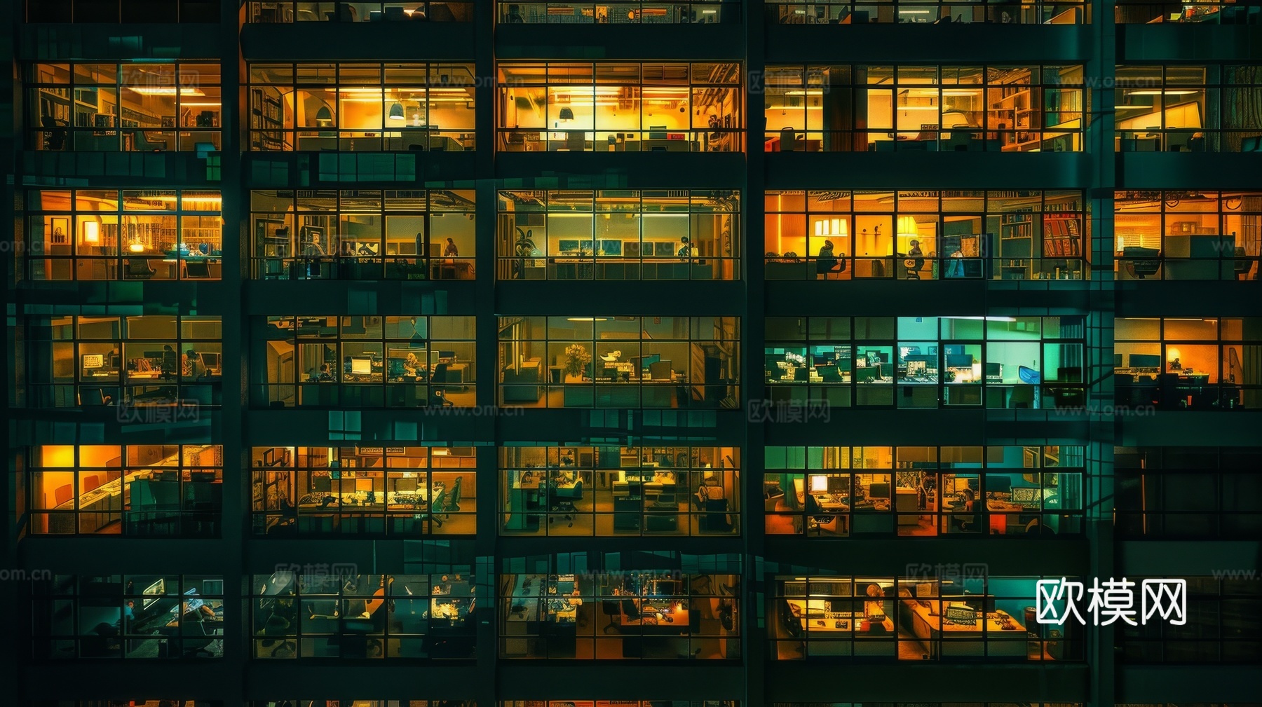 夜晚窗景建筑外立面玻璃幕墙
