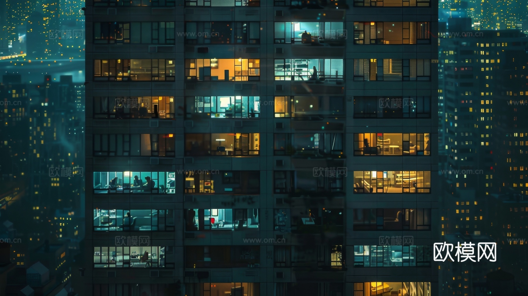 夜晚窗景建筑外立面玻璃幕墙
