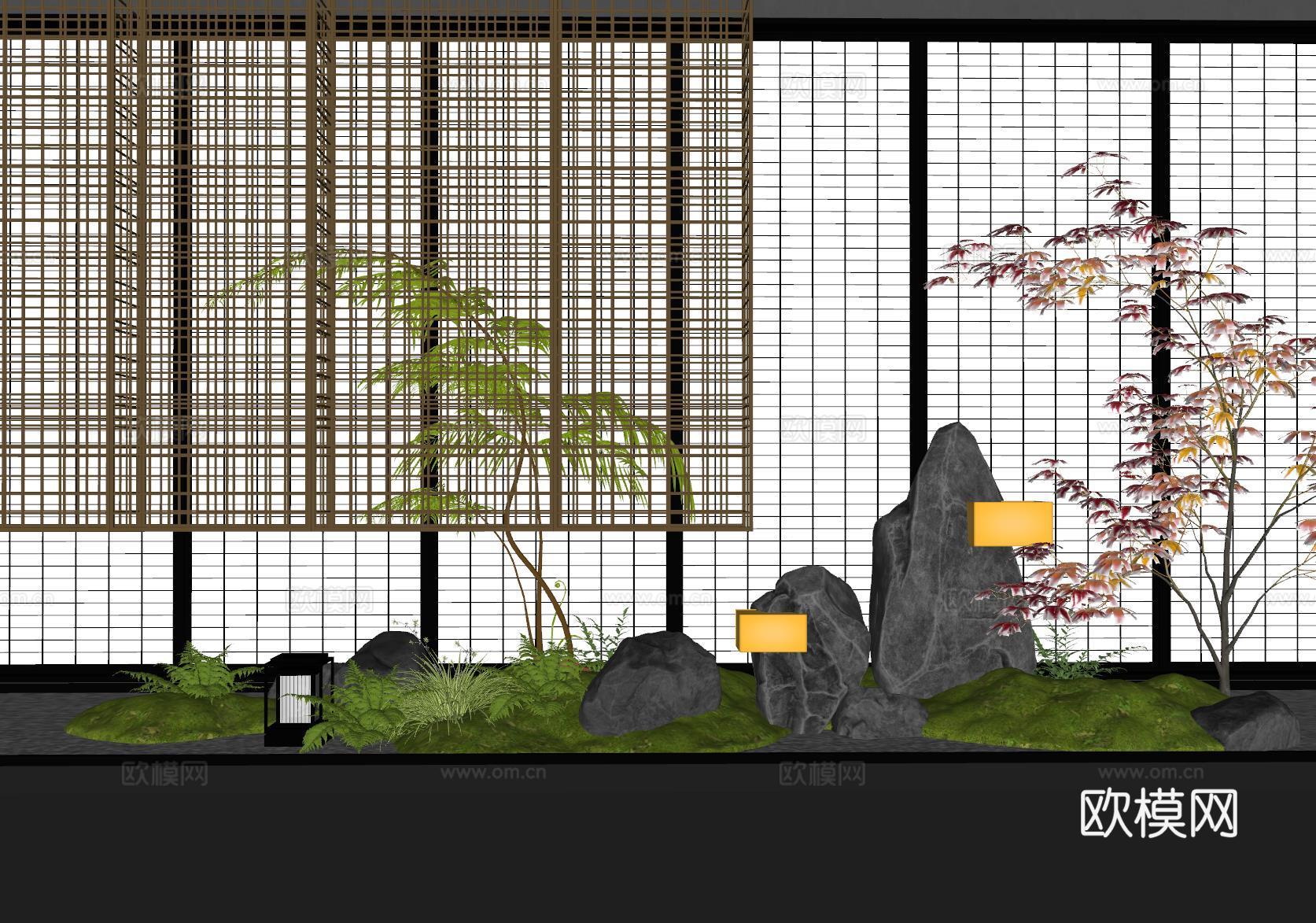 新中式景观造景 室内景观 苔藓植物 景观石su模型