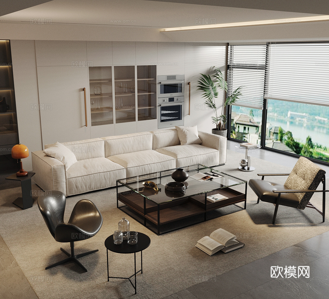 现代意式家居客厅 轻奢意式客厅 沙发茶几组合 高级灰客厅su模型