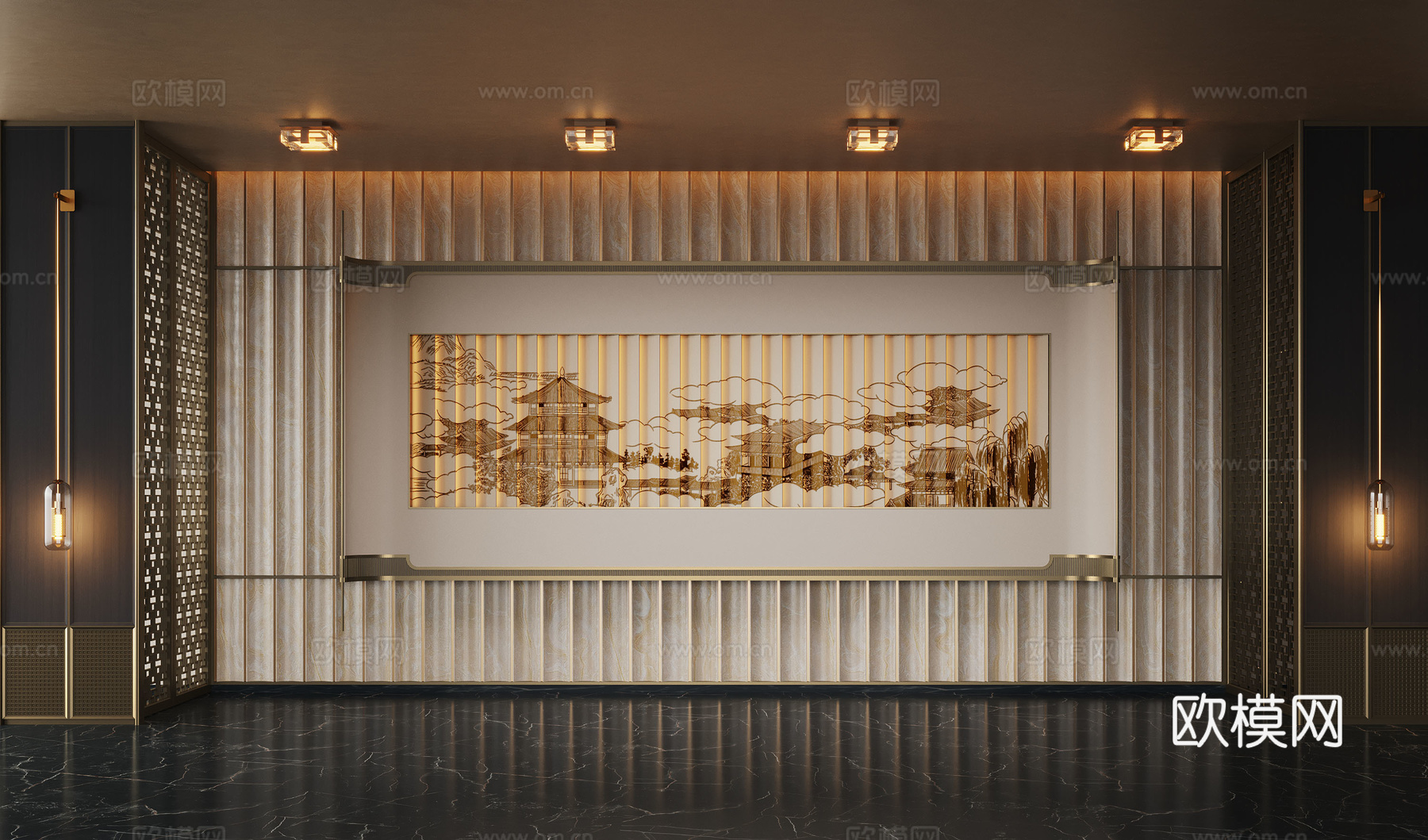 新中式大厅 装饰画 立体墙饰su模型