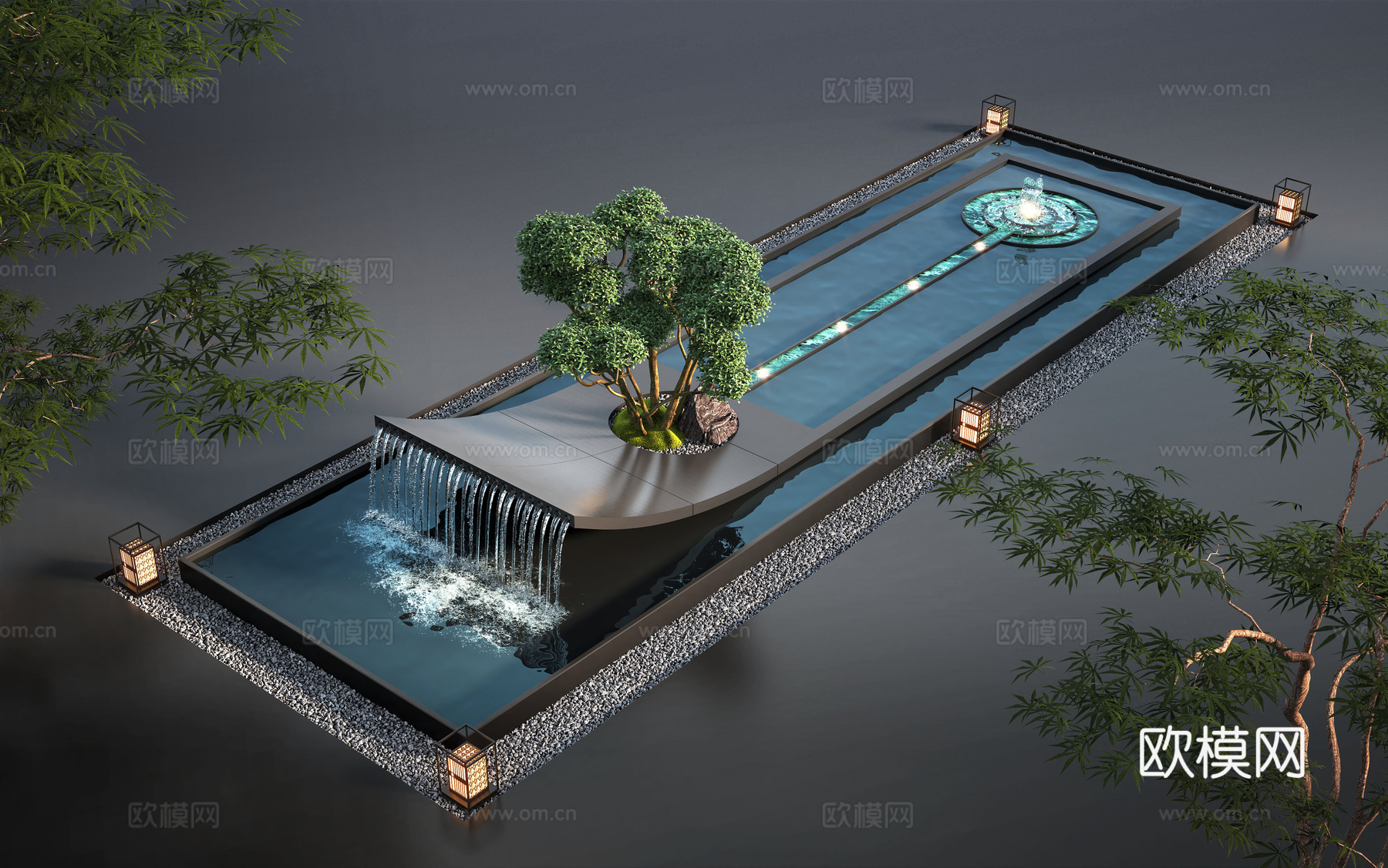 现代水景观 庭院水景 水钵叠水 跌水su模型