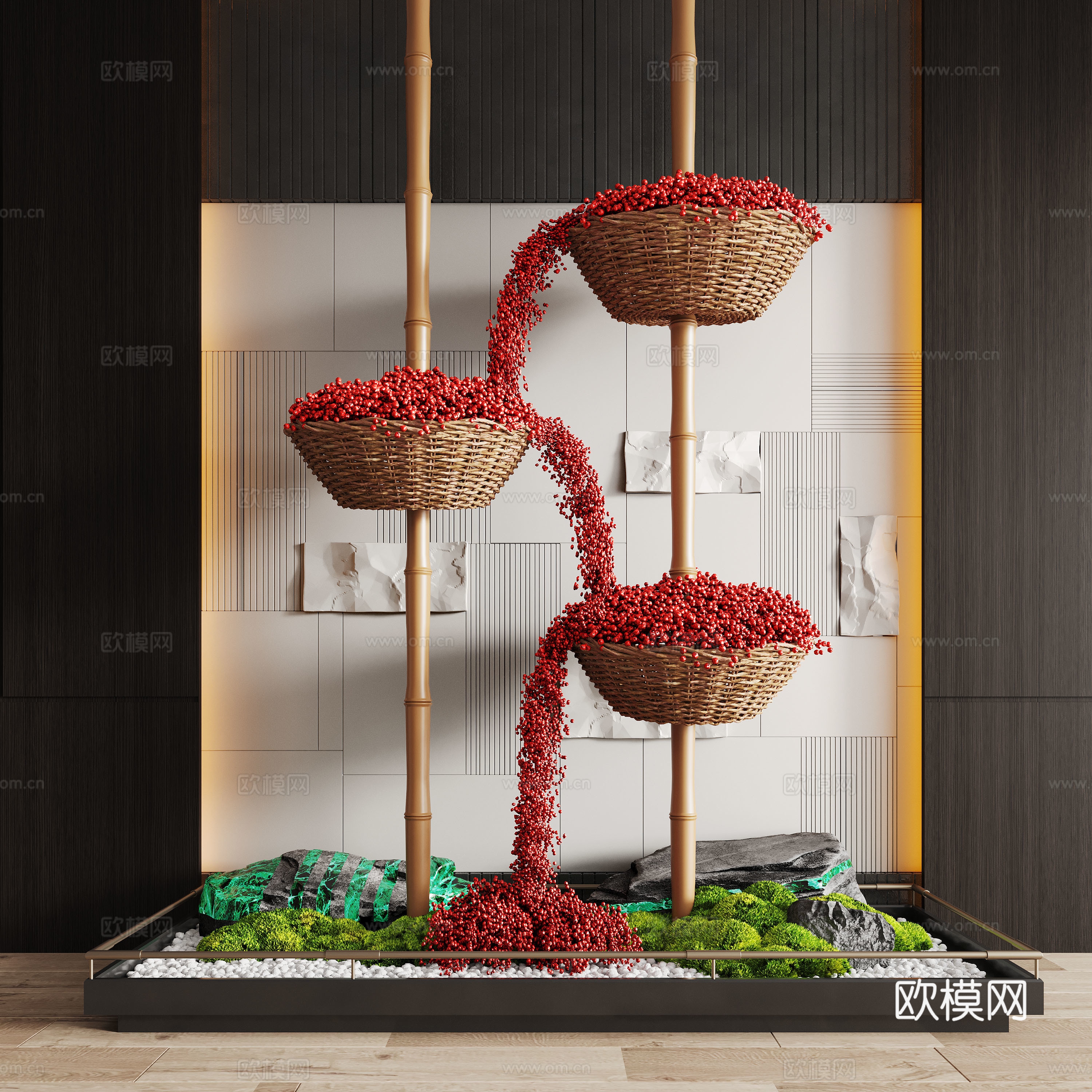 新中式景观造景 苔藓植物 景观石 艺术装置 藤编装置3d模型