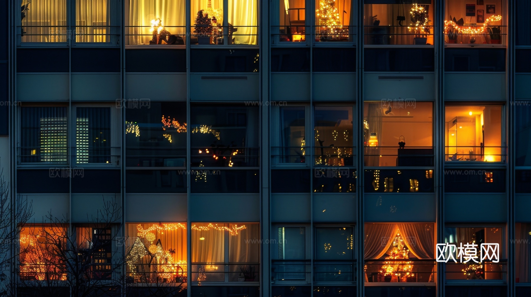 夜晚窗景建筑外立面玻璃幕墙