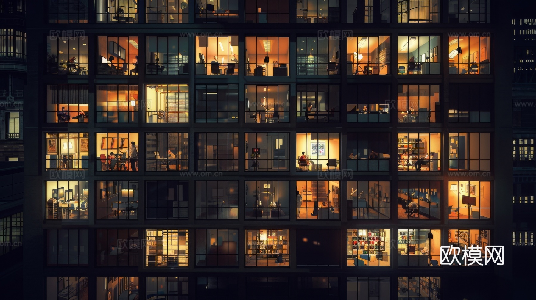 夜晚窗景建筑外立面玻璃幕墙