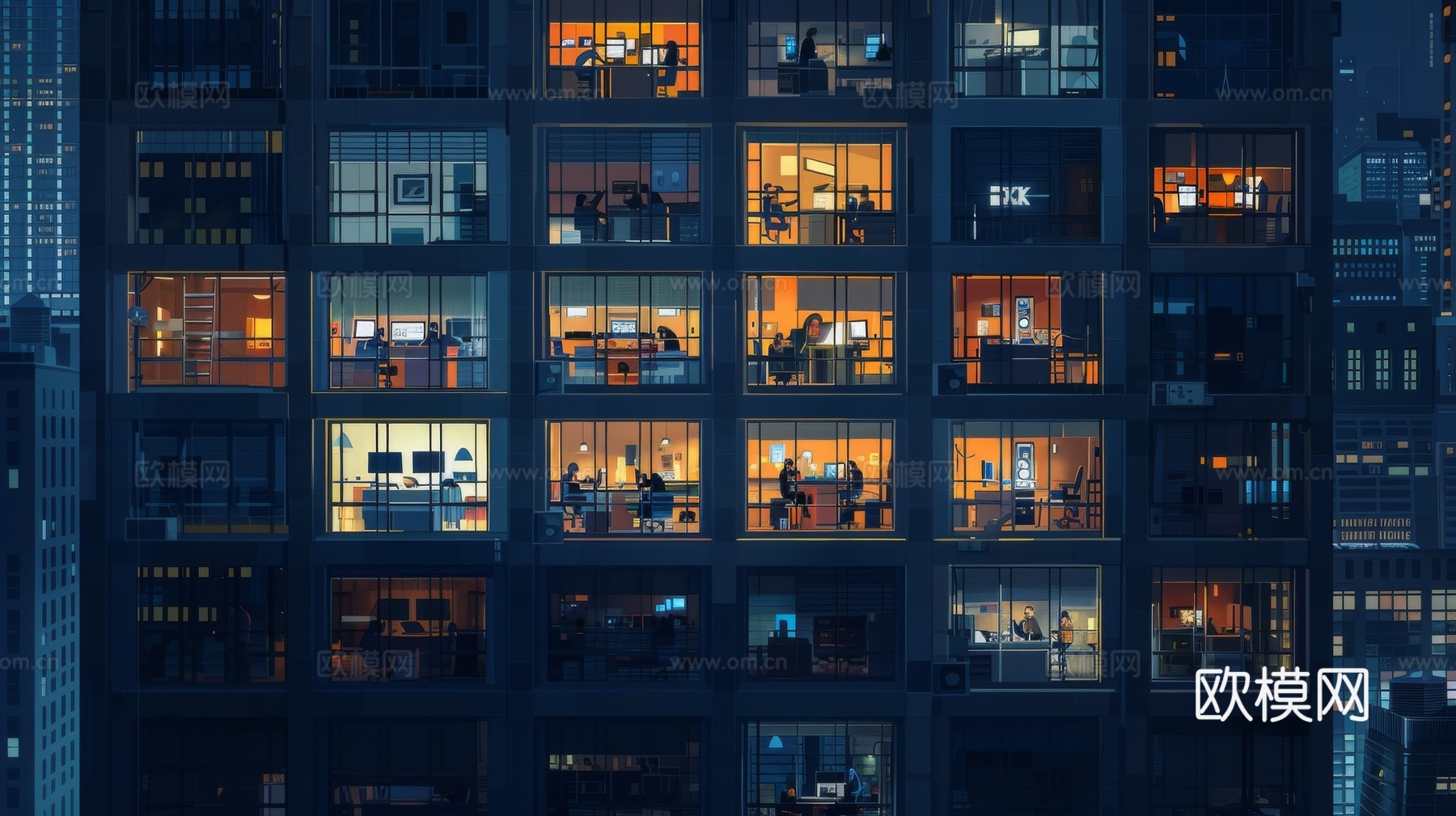 夜晚窗景建筑外立面玻璃幕墙