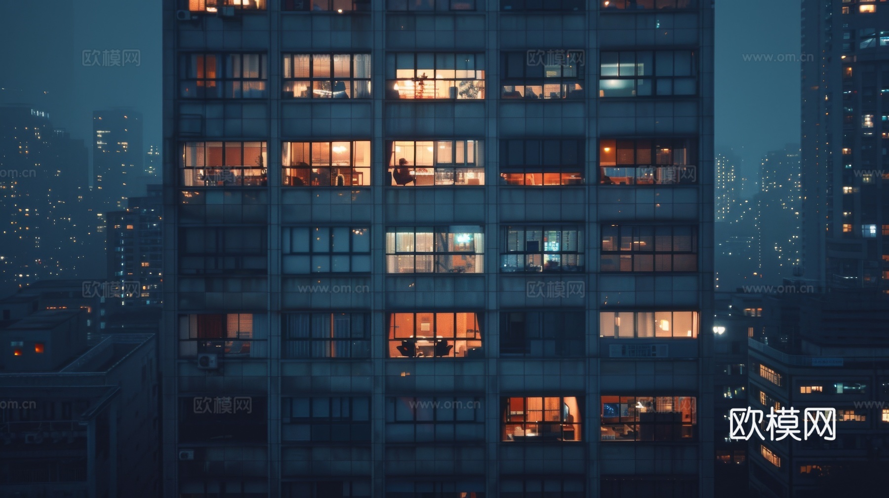 夜晚窗景建筑外立面玻璃幕墙