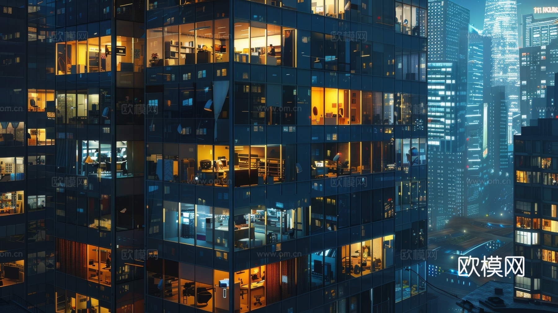 夜晚窗景建筑外立面玻璃幕墙