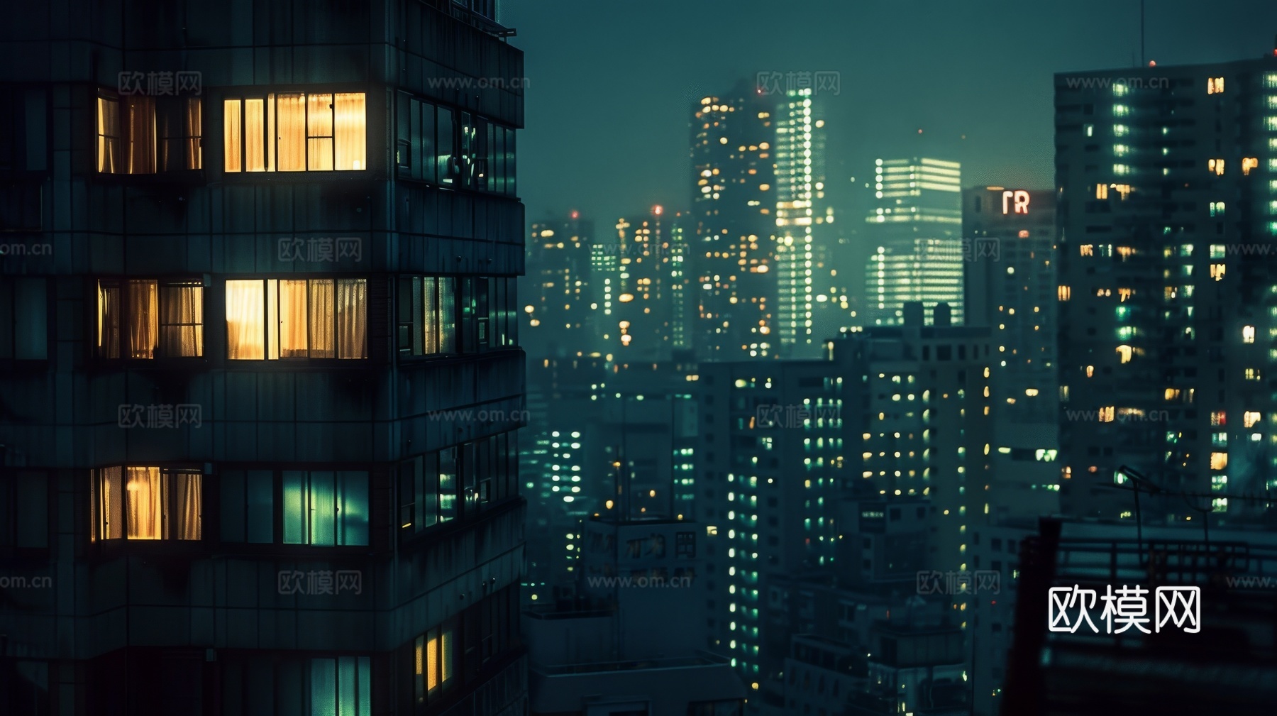 夜晚窗景建筑外立面玻璃幕墙