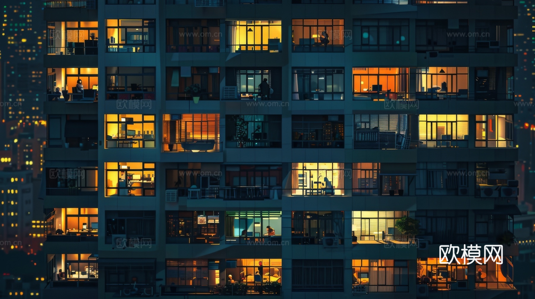 夜晚窗景建筑外立面玻璃幕墙