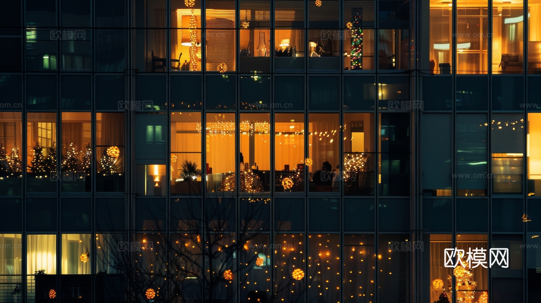 夜晚窗景建筑外立面玻璃幕墙