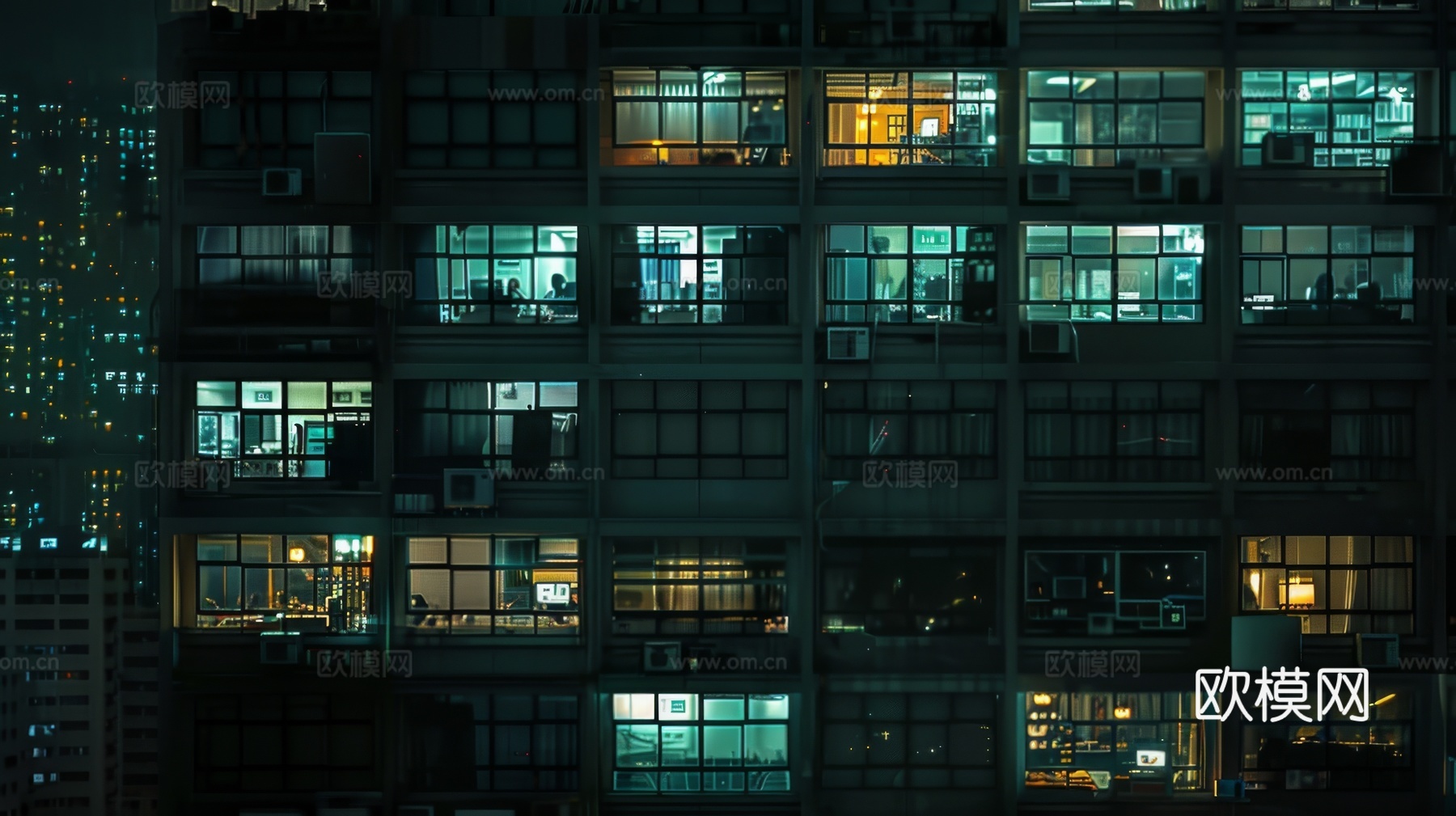 夜晚窗景建筑外立面玻璃幕墙