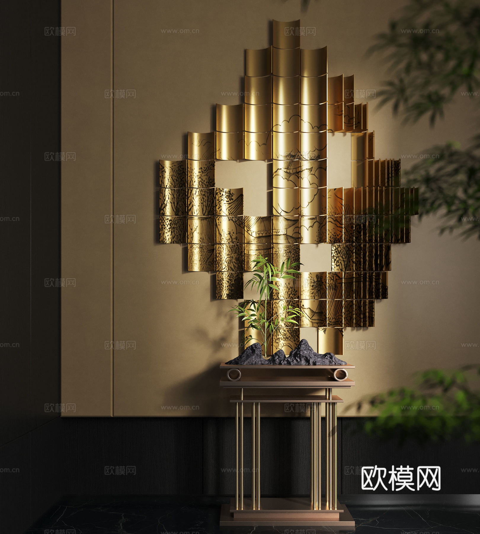 新中式墙饰 金属墙饰 端景台 立体墙饰 创意墙饰 艺术墙饰su模型
