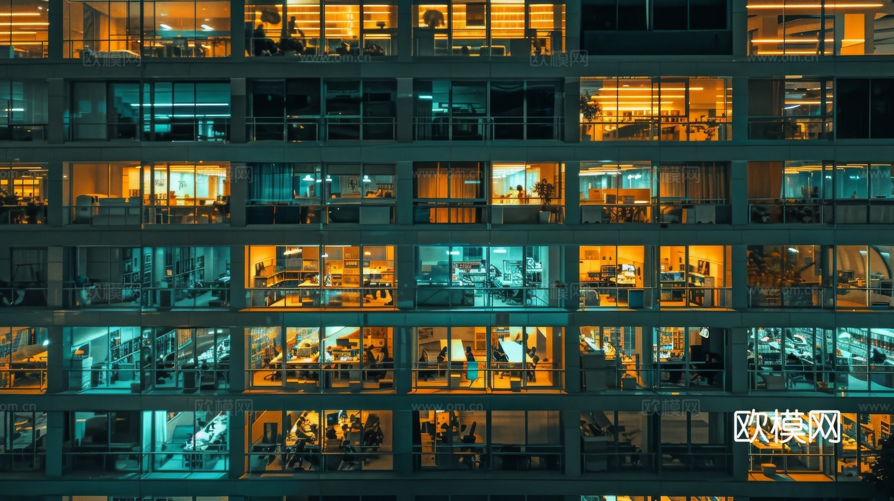 夜晚窗景建筑外立面玻璃幕墙