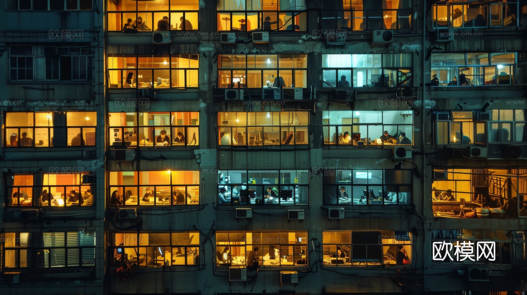 夜晚窗景建筑外立面玻璃幕墙