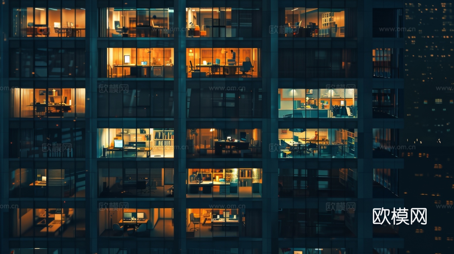 夜晚窗景建筑外立面玻璃幕墙