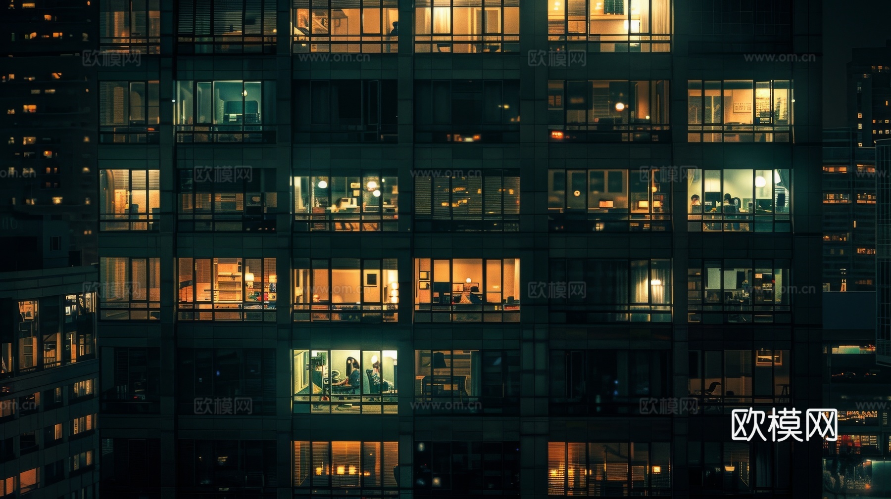 夜晚窗景建筑外立面玻璃幕墙