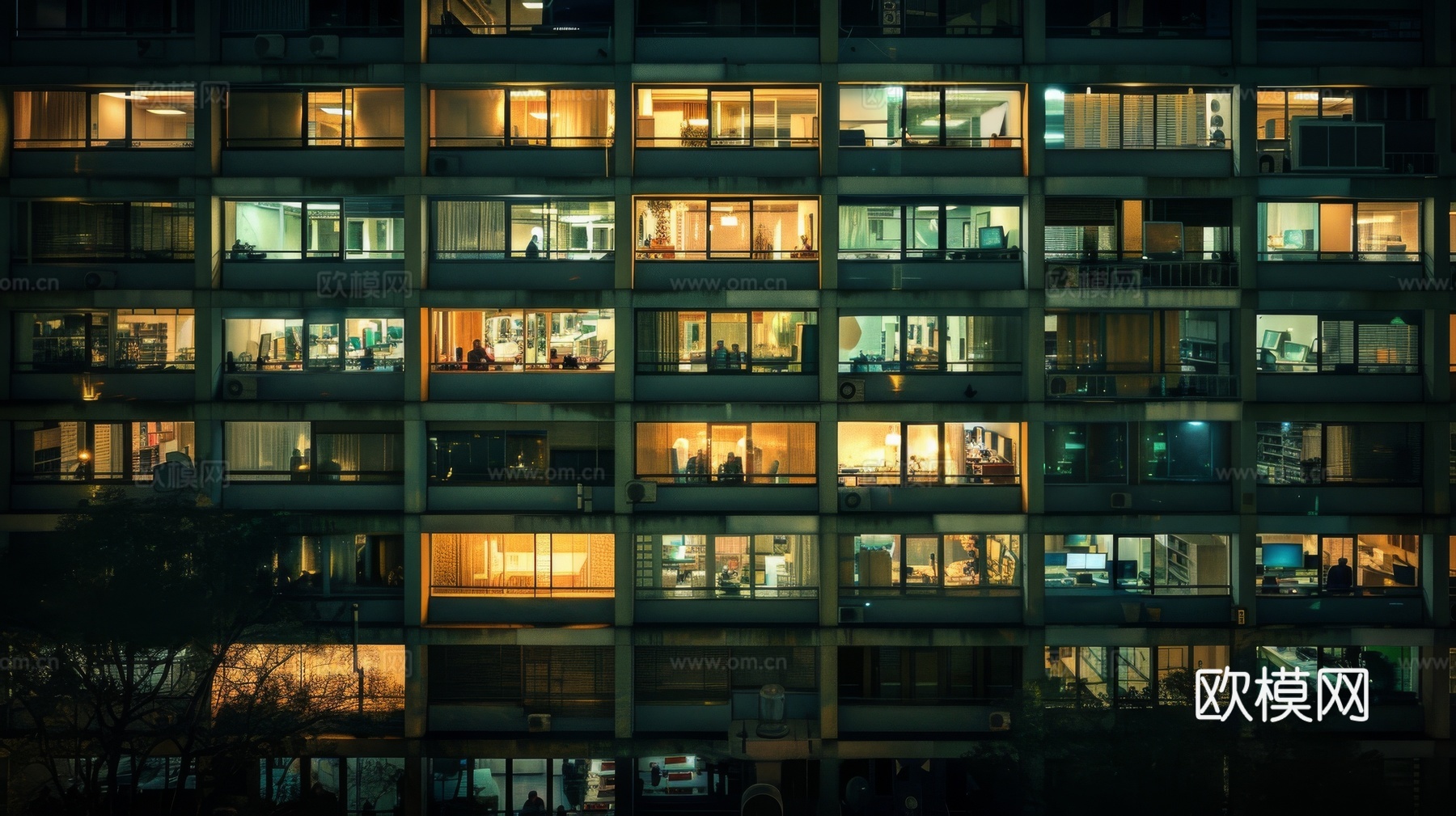 夜晚窗景建筑外立面玻璃幕墙