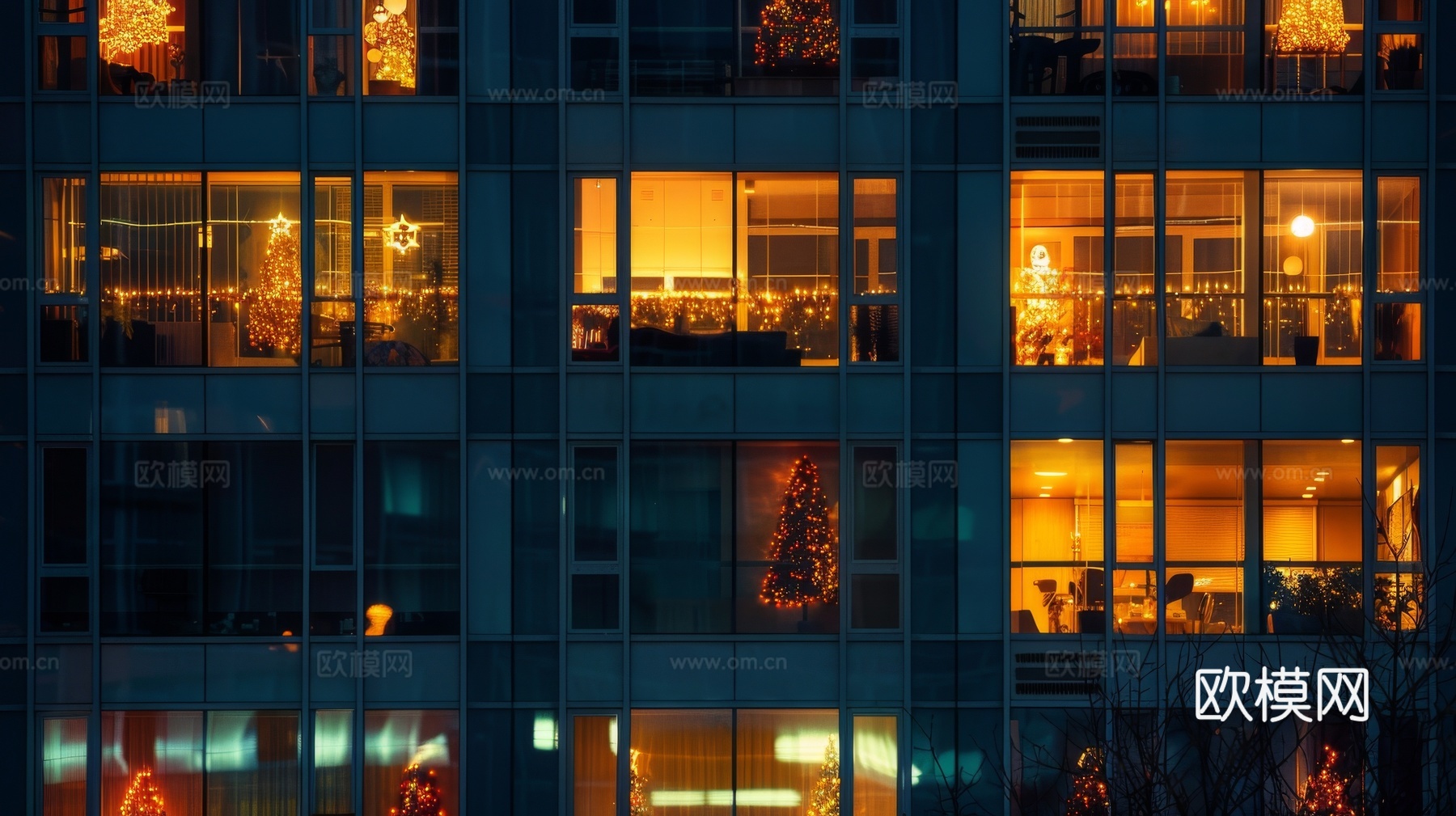 夜晚窗景建筑外立面玻璃幕墙