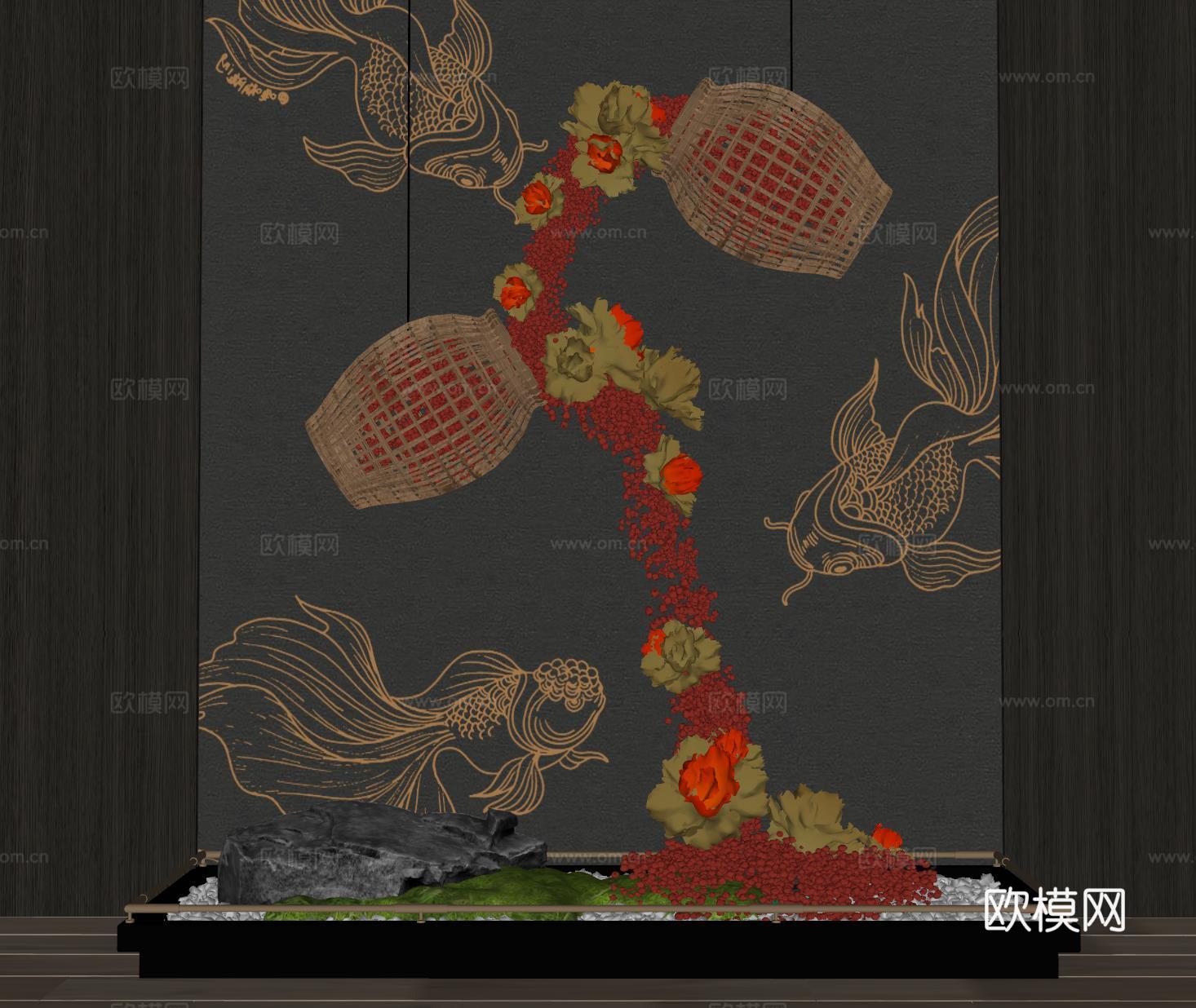 新中式艺术装置 悬挂装置 室内装置 藤编装置 室内造景su模型