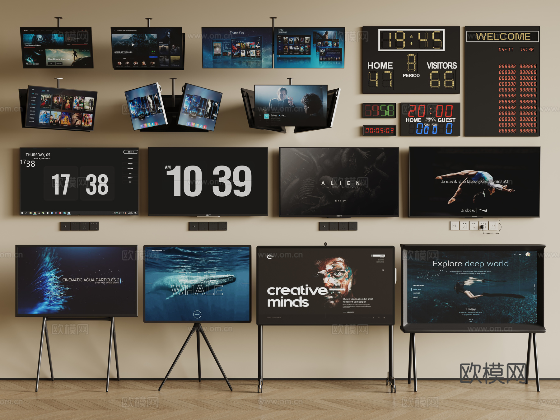 现代液晶电视 支架电视 移动电视 挂壁电视 落地电视su模型下载（渲染图1）