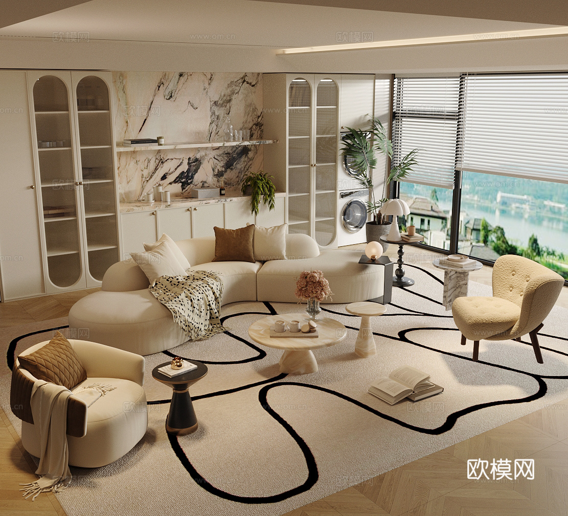 法式奶油家居客厅 法式客厅 法式沙发茶几组合 黑白客厅3d模型