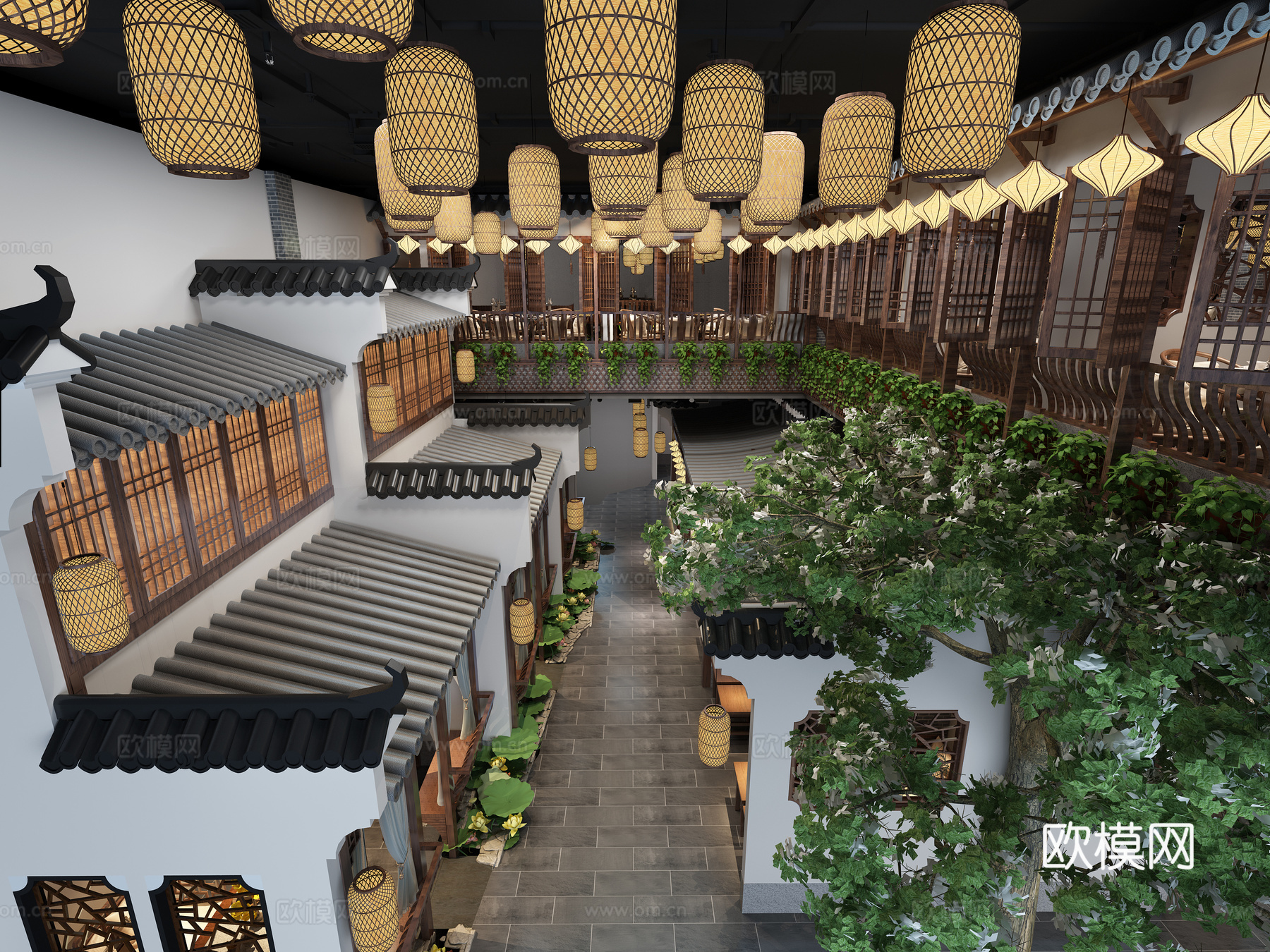 徽派元素中式餐厅包厢 吊灯 餐桌椅3d模型