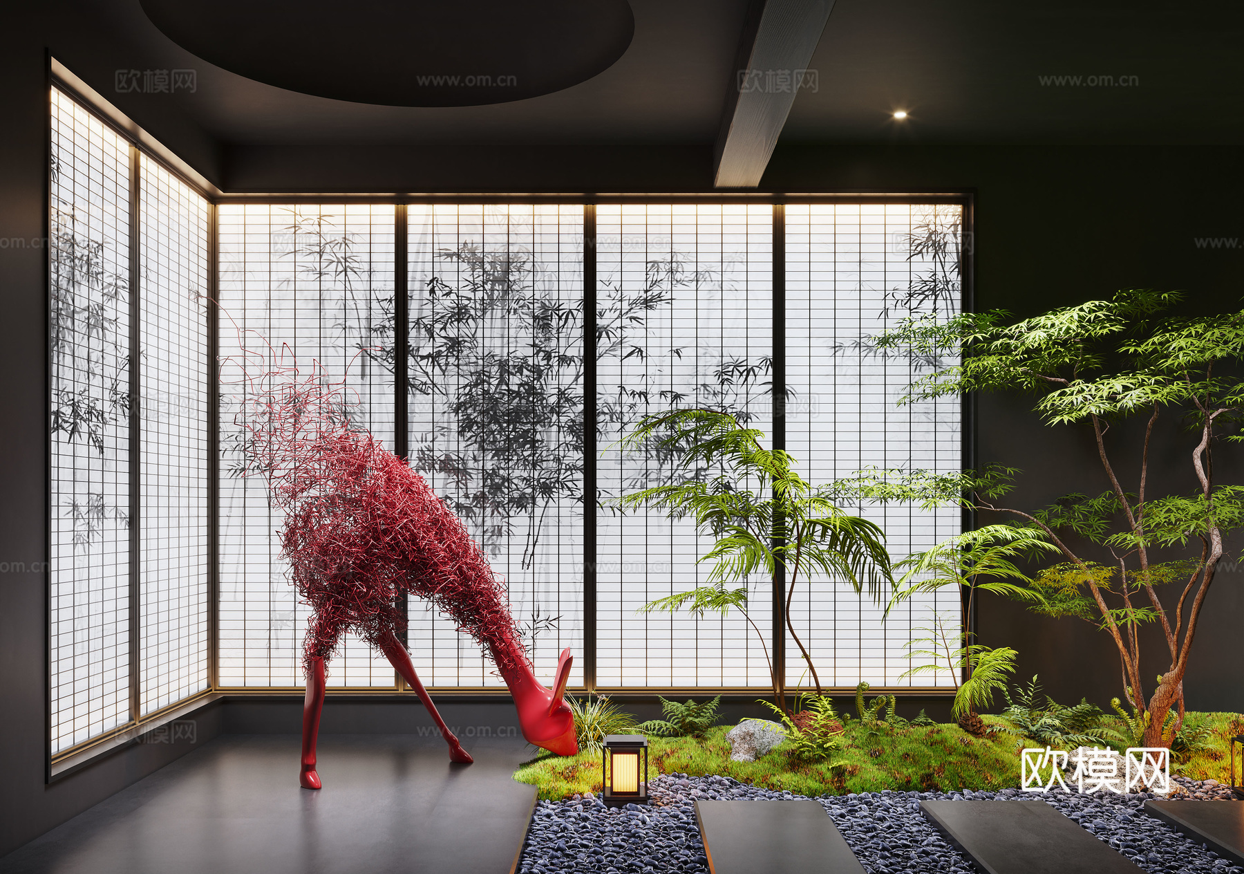 新中式景观造景 室内景观 苔藓植物 景观石su模型