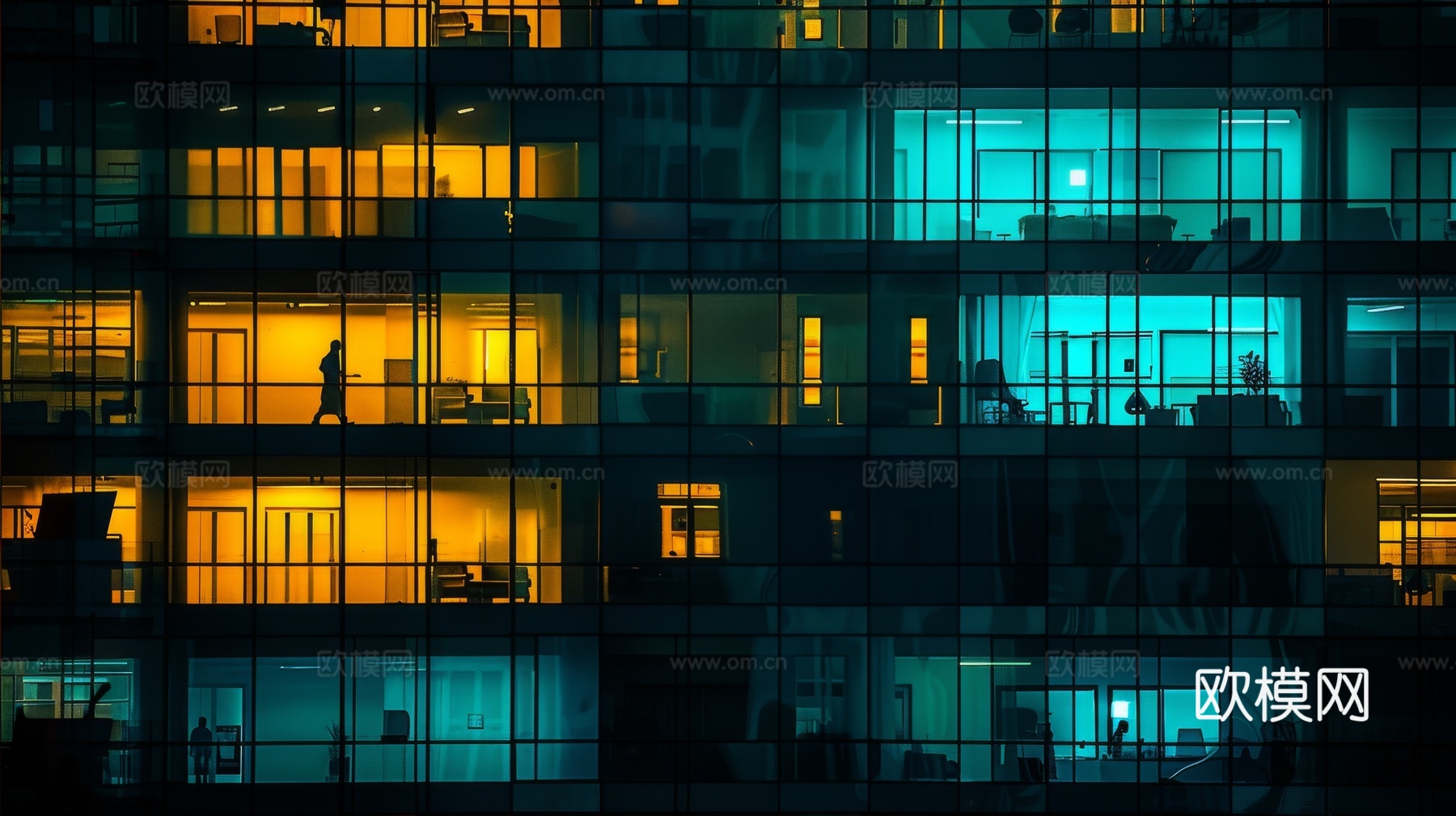 夜晚窗景建筑外立面玻璃幕墙