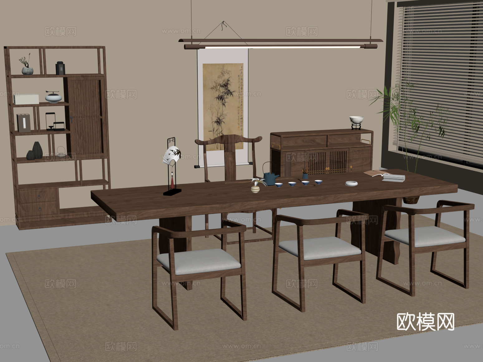 茶室  新中式茶室 茶桌椅su模型