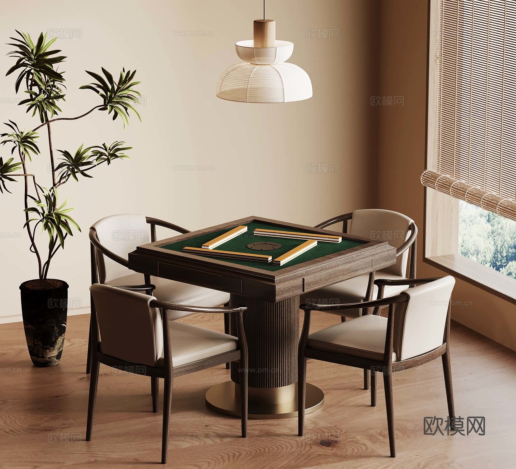 侘寂风棋牌室 中古风棋牌室 麻将桌su模型
