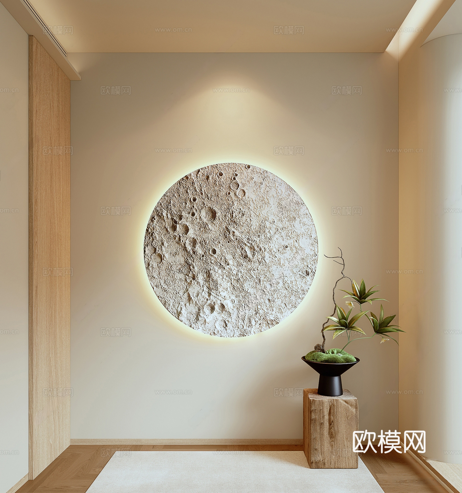新中式月球浮雕墙饰 现代文化墙 浮雕墙 立体浮雕 墙饰 绿植3d模型