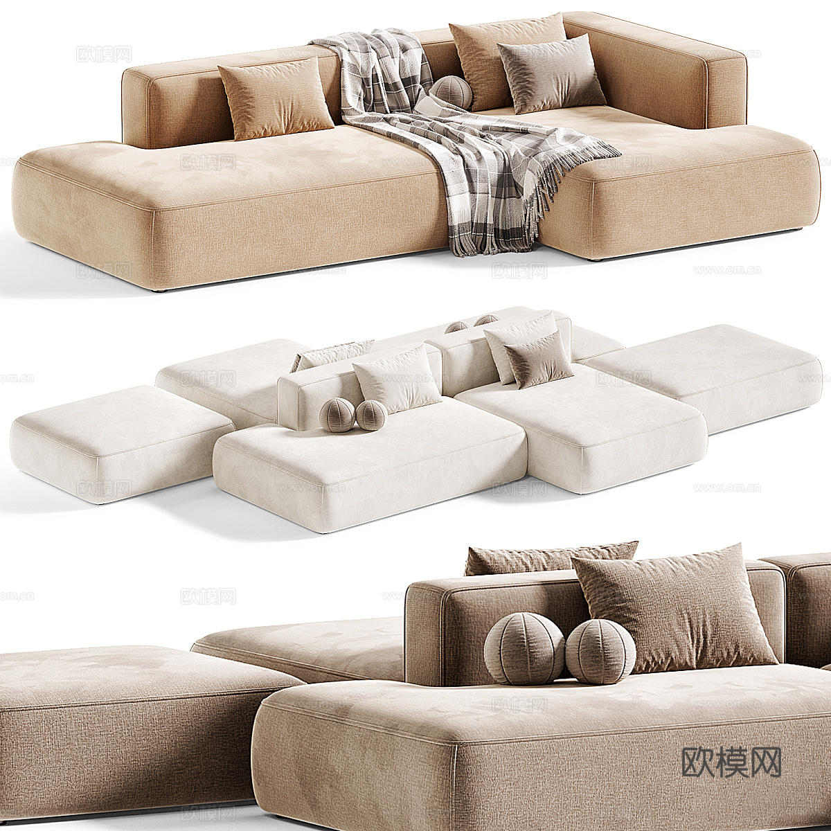 现代奶油风布艺组合沙发3d模型